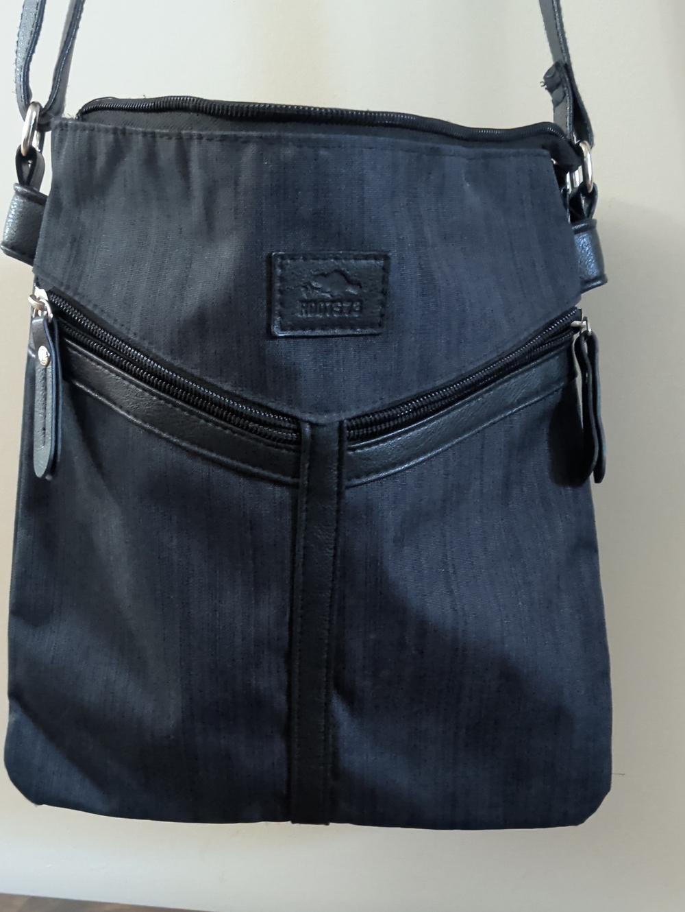 Roots Dark Grey Leather-Trim Crossbody Bag with Silver Hardware